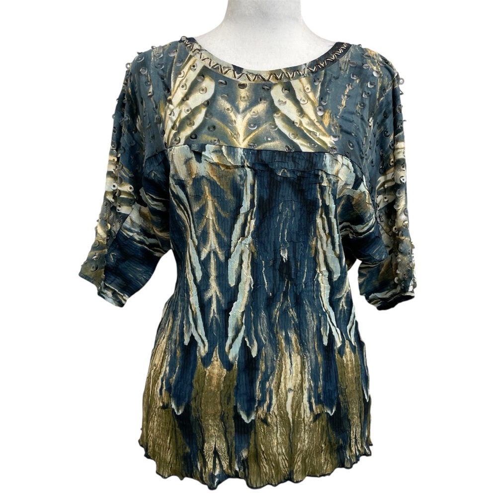 Alberto Makali Vintage Blue Watercolor Print Crepe & Punch Cut Out Blouse